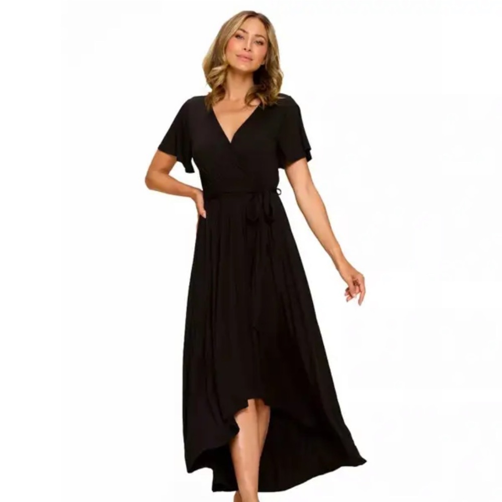 50%offw❤️ Express black midi Wrap Dress Size small High Low Wedding Guest